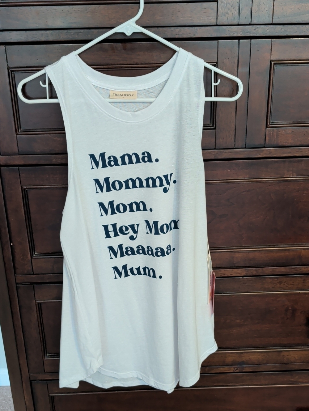 78 & Sunny Graphic Mom Tank Top - Navy Text on White